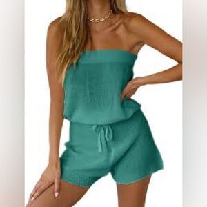 2 piece knit romper set in lake blue turquoise teal green tube top short lounge